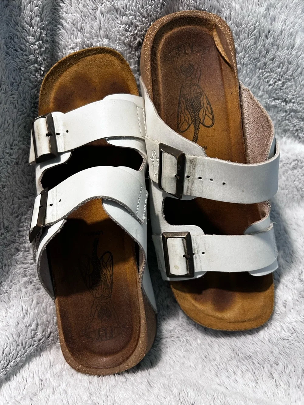 Fly London White Double Buckle Slide leather Sandals